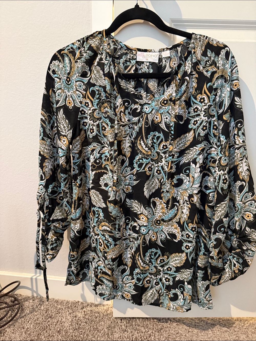 Belle by Kim Gravel Black Paisley Tie-Neck Blouse with Turquoise & Cream Accents